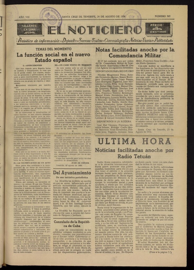 Miniatura de El Noticiero :periódico de información del 24 de agosto de 1936, nº 365