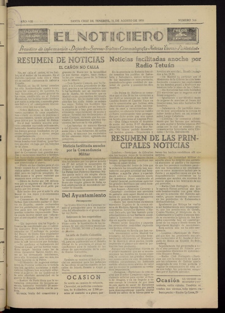 Miniatura de El Noticiero :periódico de información del 31 de agosto de 1936, nº 366