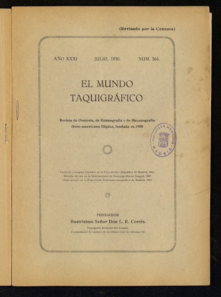Miniatura de El Mundo Taquigráfico: revista mensual hispano-americana de oratoria y de estenografía. Julio de 1930, nº 364