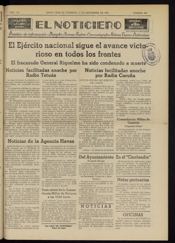 Miniatura de El Noticiero :periódico de información del 21 de septiembre de 1936, nº 369