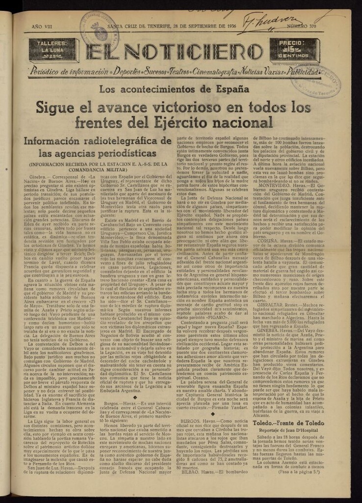 Miniatura de El Noticiero :periódico de información del 28 de septiembre de 1936, nº 370