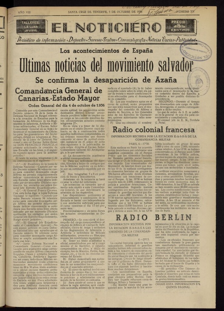 Miniatura de El Noticiero :periódico de información del 5 de octubre de 1936, nº 371