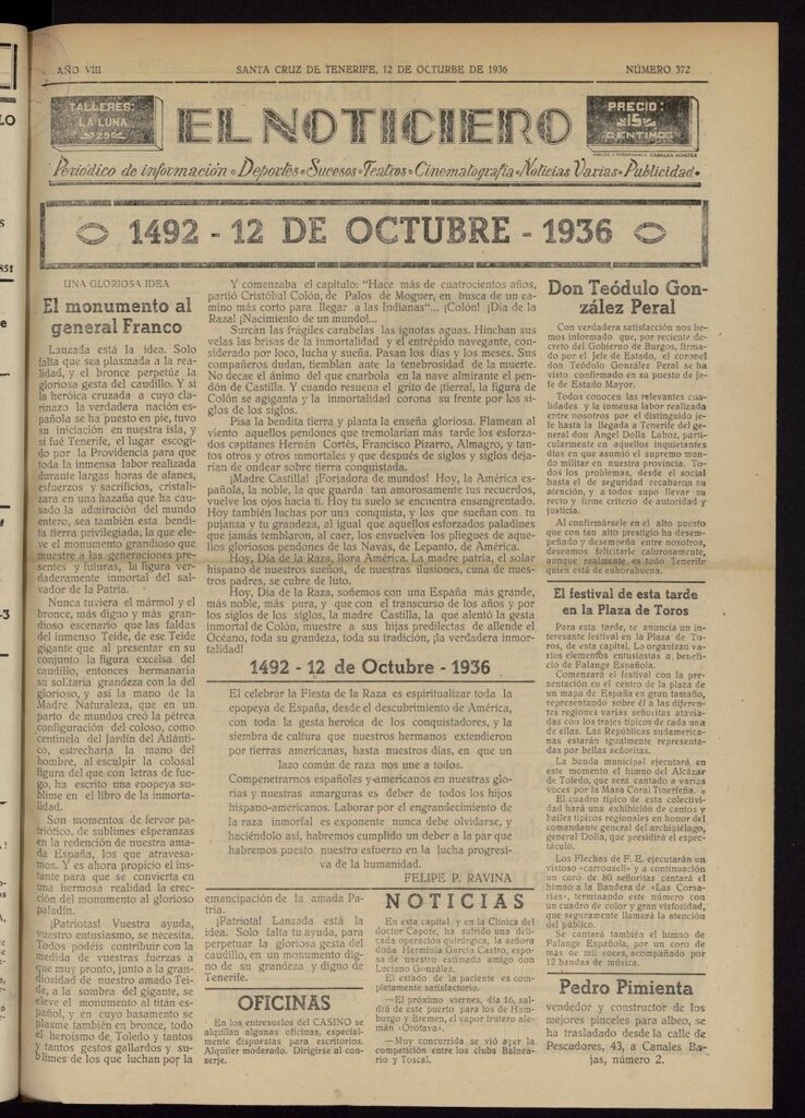 Miniatura de El Noticiero :periódico de información del 12 de octubre de 1936, nº 372