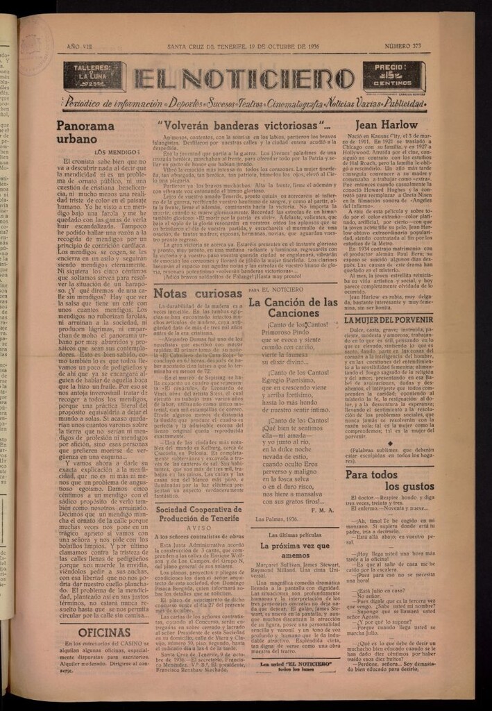 Miniatura de El Noticiero :periódico de información del 19 de octubre de 1936, nº 373