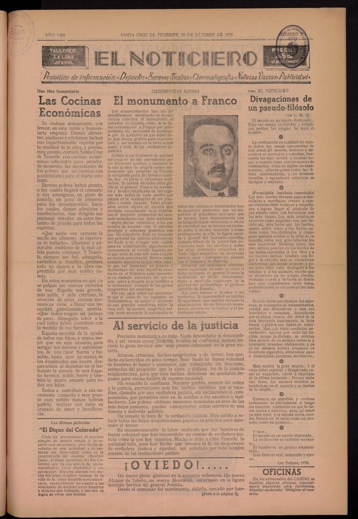 Miniatura de El Noticiero :periódico de información del 26 de octubre de 1936, nº 374