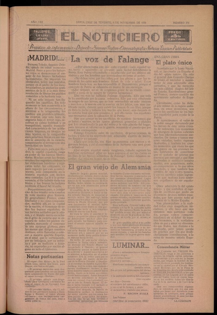 Miniatura de El Noticiero :periódico de información del 9 de noviembre de 1936, nº 376