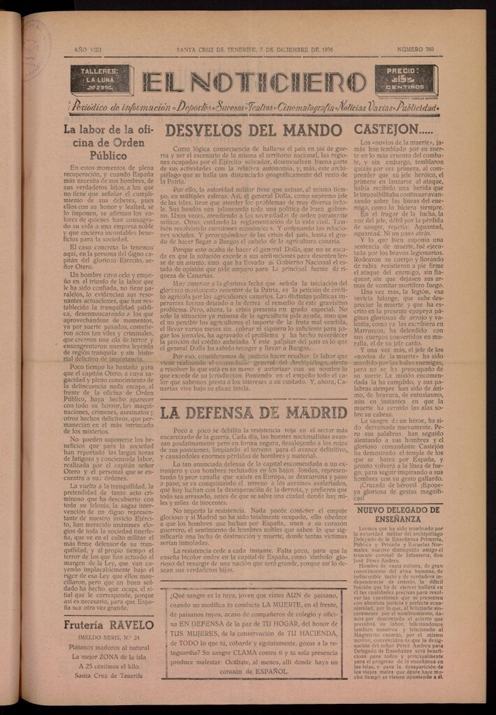 Miniatura de El Noticiero :periódico de información del 7 de diciembre de 1936, nº 380