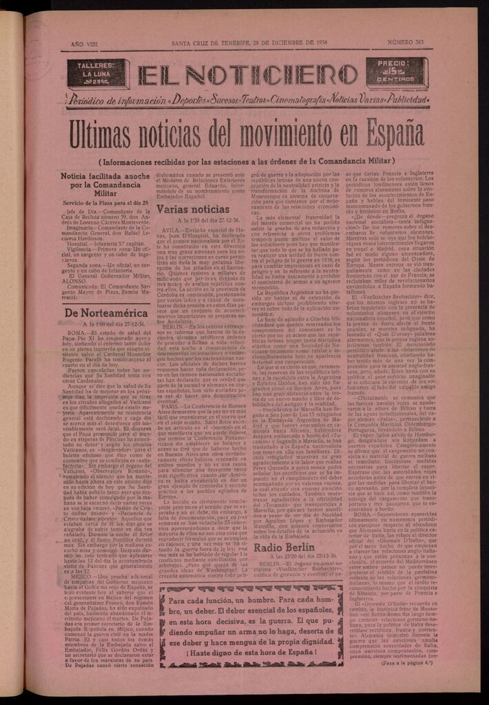 Miniatura de El Noticiero :periódico de información del 28 de diciembre de 1936, nº 383