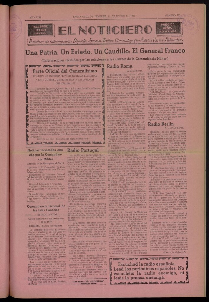 Miniatura de El Noticiero :periódico de información del 11 de enero de 1937, nº 385