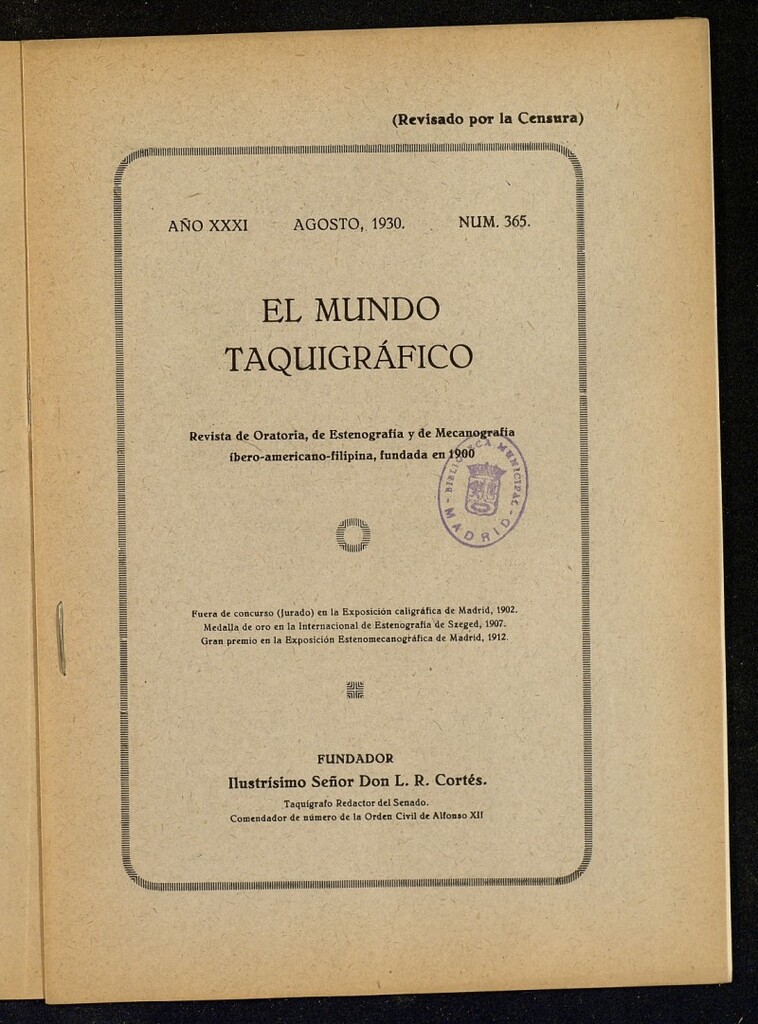 Miniatura de El Mundo Taquigráfico: revista mensual hispano-americana de oratoria y de estenografía. Agosto de 1930, nº 365