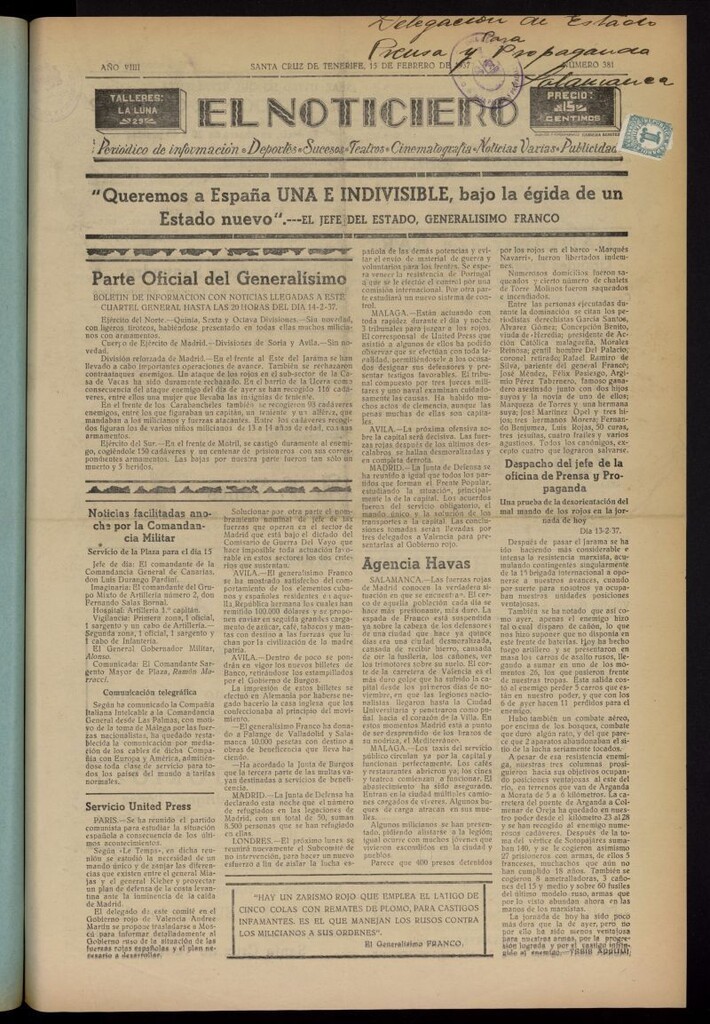 Miniatura de El Noticiero :periódico de información del 15 de febrero de 1937, nº 381