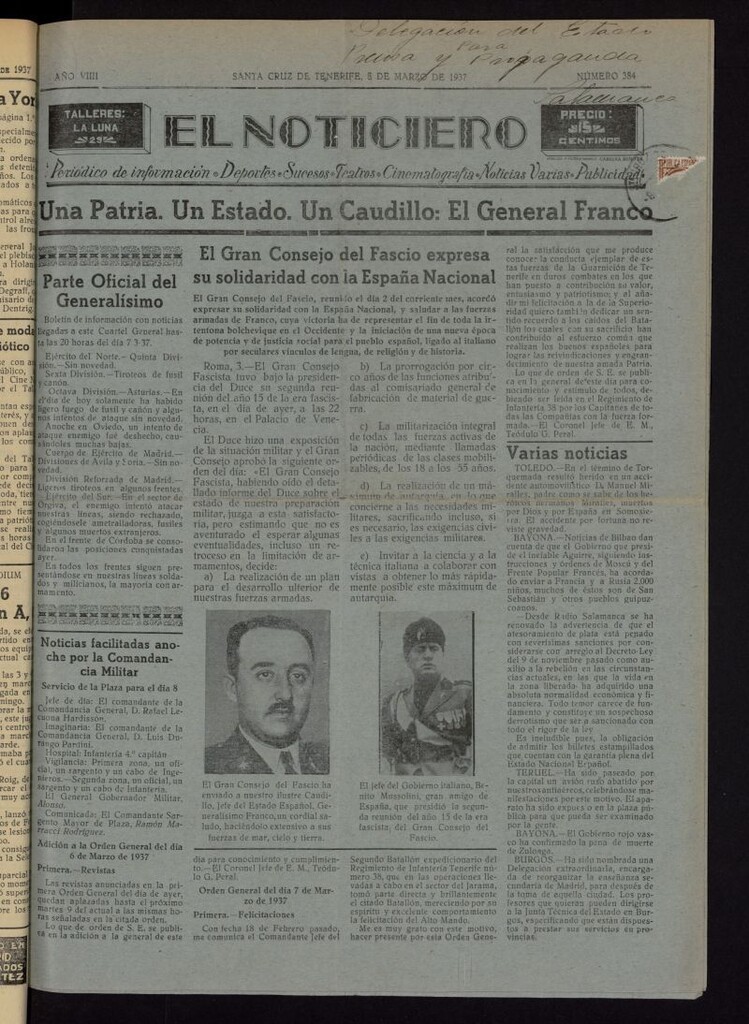 Miniatura de El Noticiero :periódico de información del 8 de marzo de 1937, nº 384