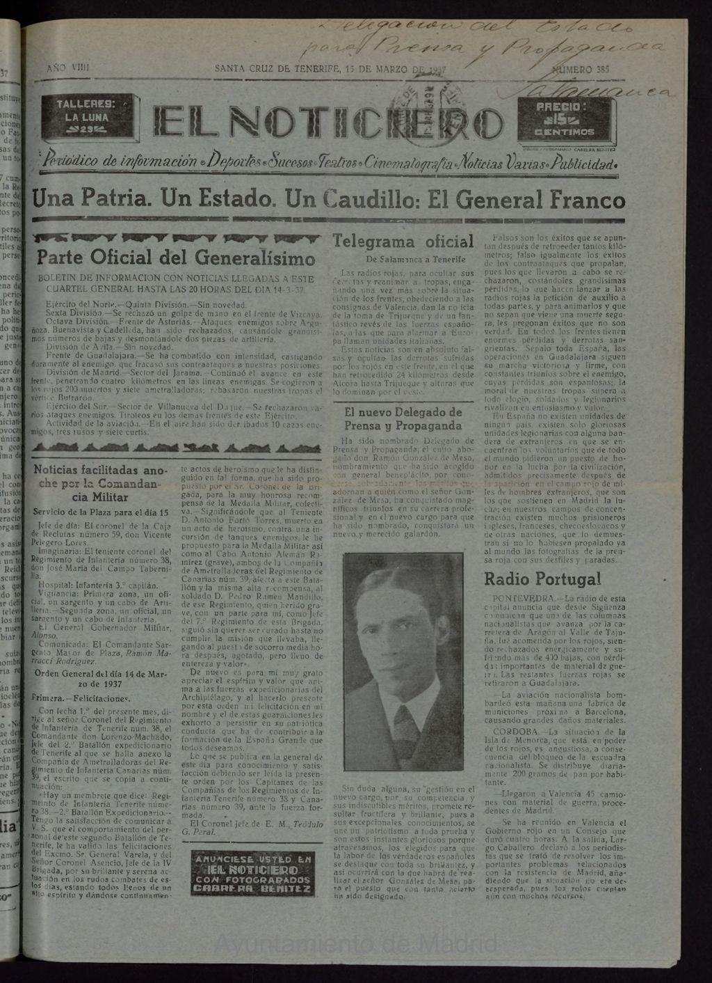 Miniatura de El Noticiero :periódico de información del 15 de marzo de 1937, nº 385