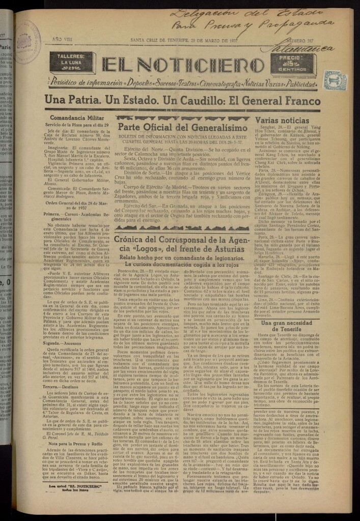 Miniatura de El Noticiero :periódico de información del 29 de marzo de 1937, nº 387