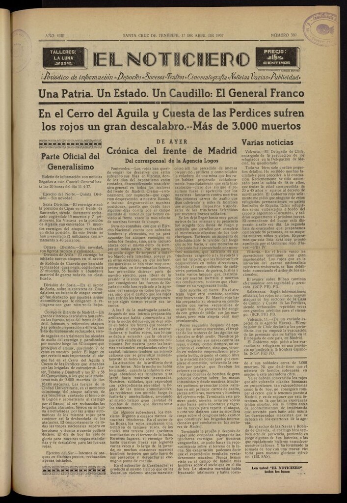 Miniatura de El Noticiero :periódico de información del 12 de abril de 1937, nº 389