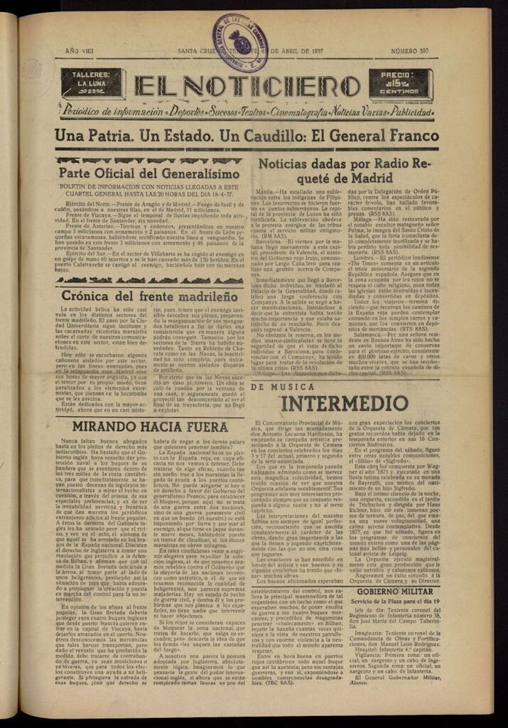 Miniatura de El Noticiero :periódico de información del 19 de abril de 1937, nº 390