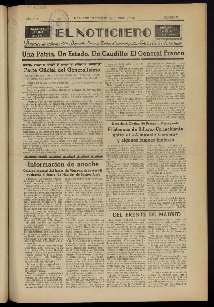 Miniatura de El Noticiero :periódico de información del 26 de abril de 1937, nº 391