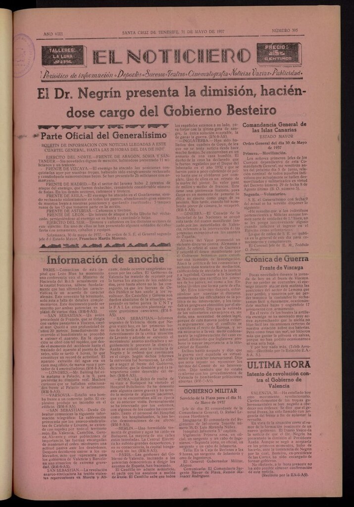 Miniatura de El Noticiero :periódico de información del 31 de mayo de 1937, nº 395