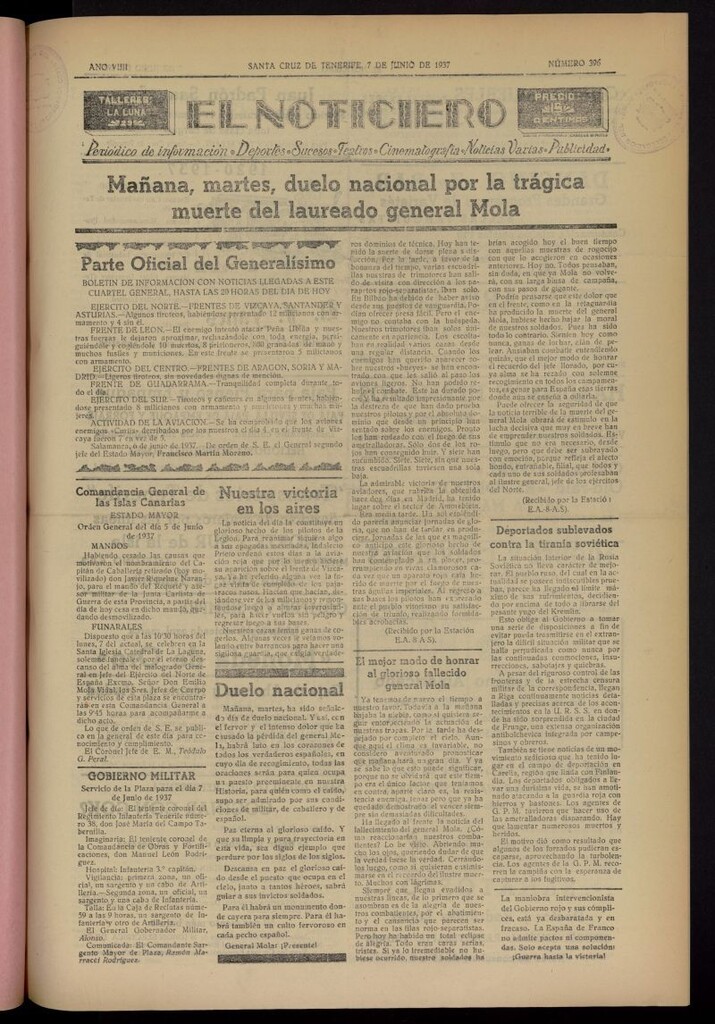 Miniatura de El Noticiero :periódico de información del 7 de junio de 1937, nº 396
