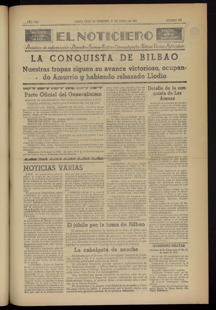 Miniatura de El Noticiero :periódico de información del 21 de junio de 1937, nº 398