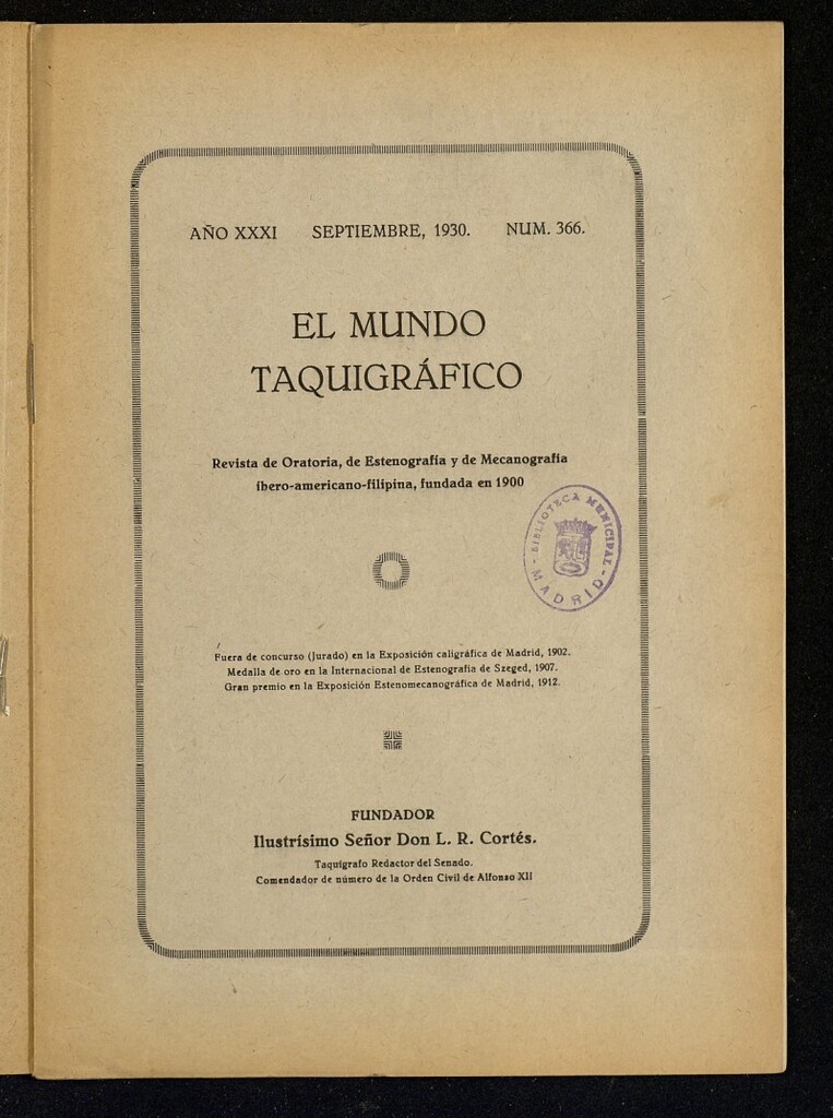 Miniatura de El Mundo Taquigráfico: revista mensual hispano-americana de oratoria y de estenografía. Septiembre de 1930, nº 366