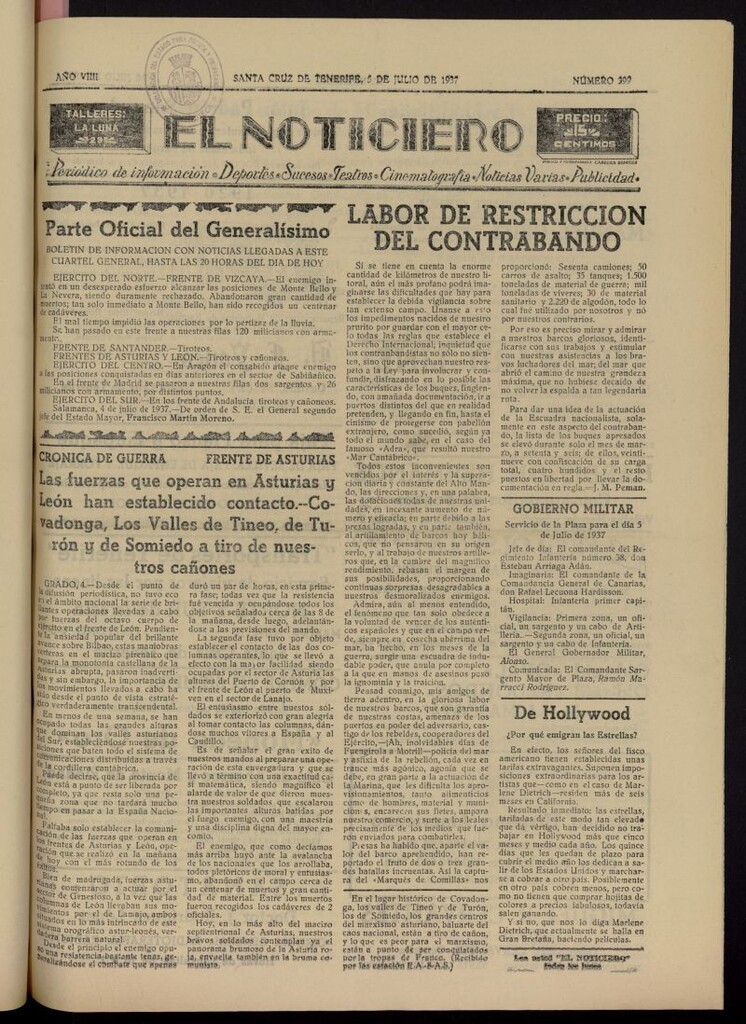 Miniatura de El Noticiero :periódico de información del 5 de julio de 1937, nº 399