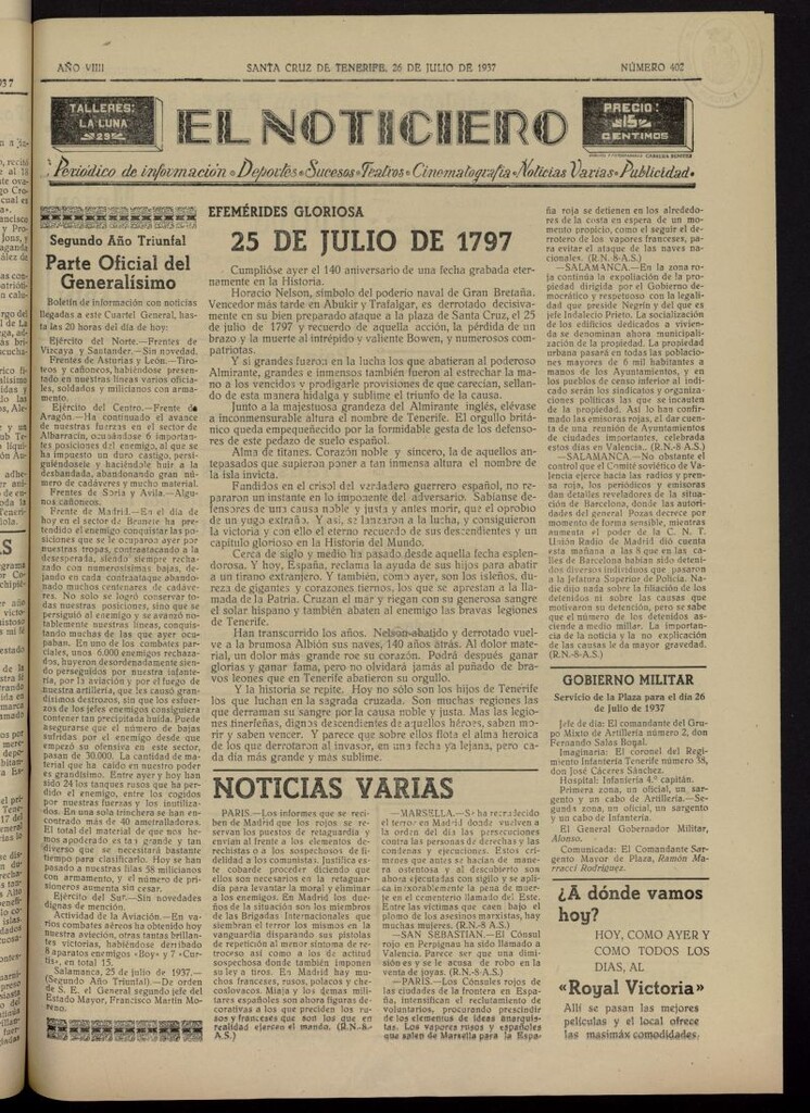 Miniatura de El Noticiero :periódico de información del 26 de julio de 1937, nº 402