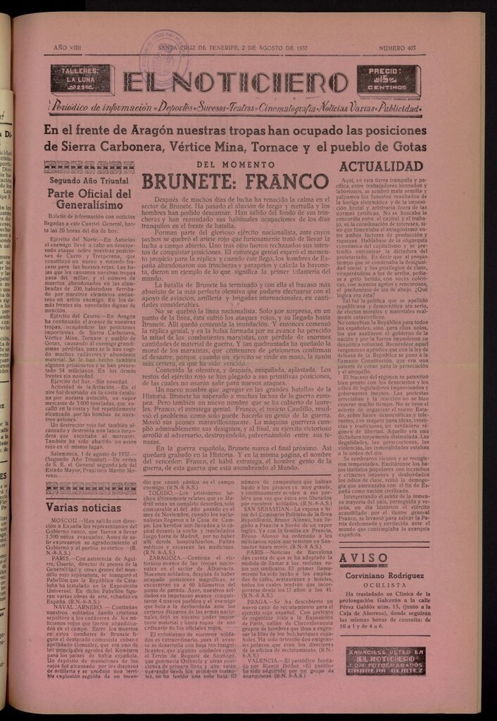 Miniatura de El Noticiero :periódico de información del 2 de agosto de 1937, nº 403