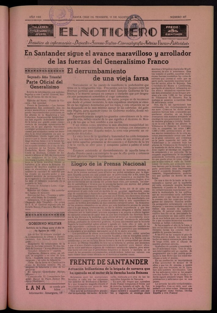 Miniatura de El Noticiero :periódico de información del 16 de agosto de 1937, nº 405