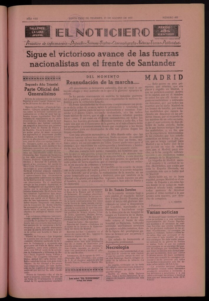 Miniatura de El Noticiero :periódico de información del 23 de agosto de 1937, nº 406
