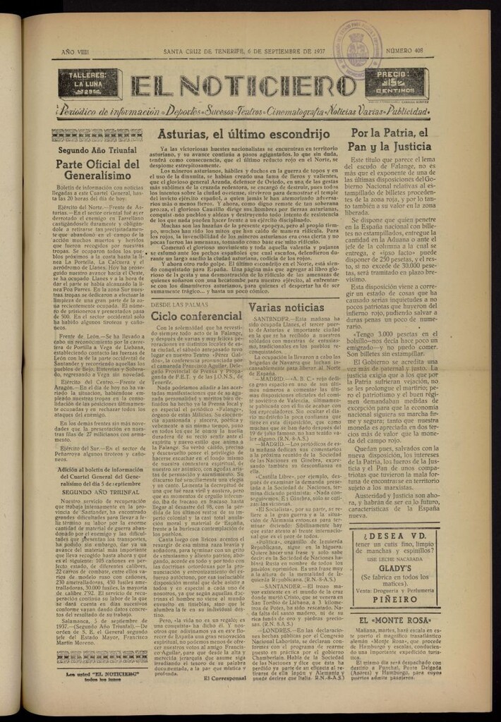 Miniatura de El Noticiero :periódico de información del 6 de septiembre de 1937, nº 408