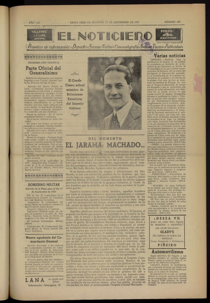 Miniatura de El Noticiero :periódico de información del 13 de septiembre de 1937, nº 409