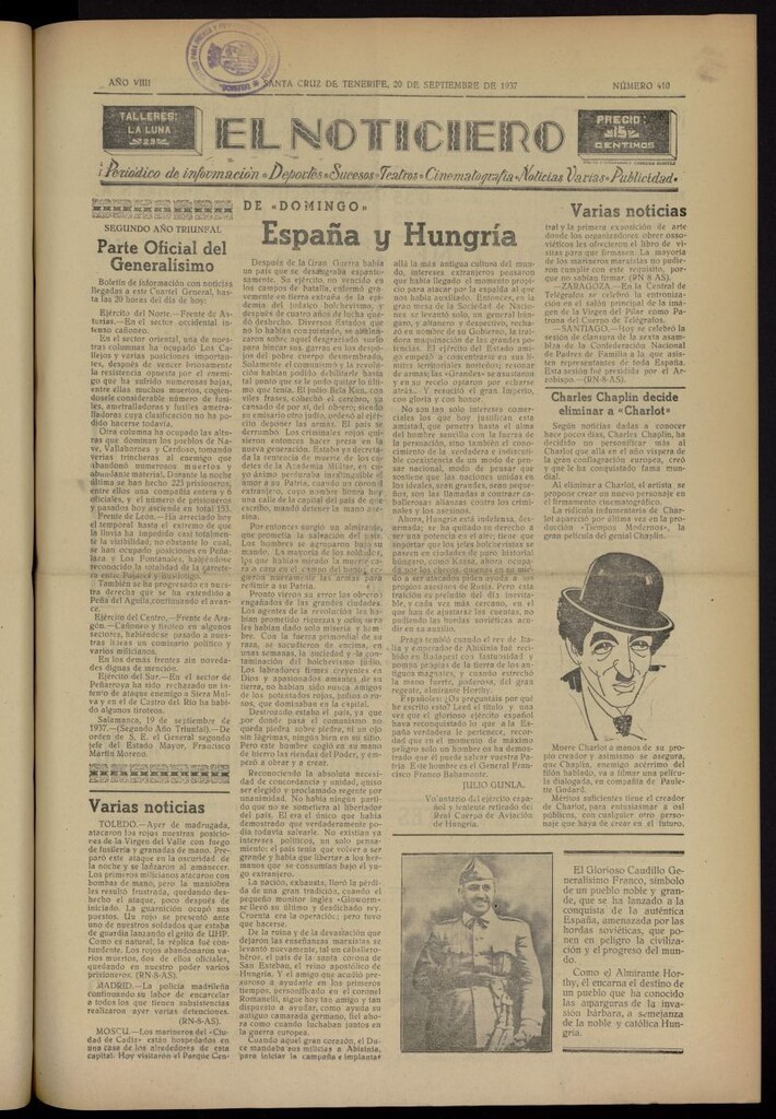 Miniatura de El Noticiero :periódico de información del 20 de septiembre de 1937, nº 410