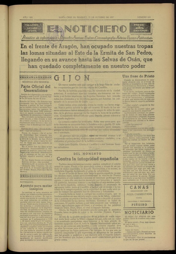 Miniatura de El Noticiero :periódico de información del 25 de octubre de 1937, nº 414