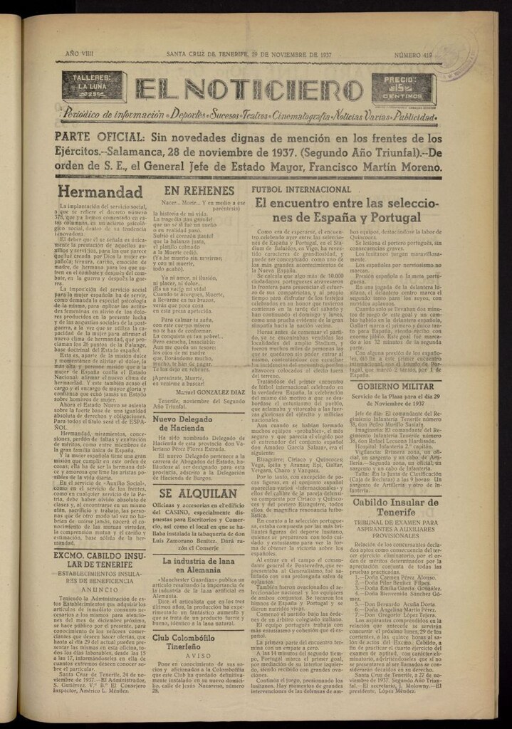 Miniatura de El Noticiero :periódico de información del 29 de noviembre de 1937, nº 419