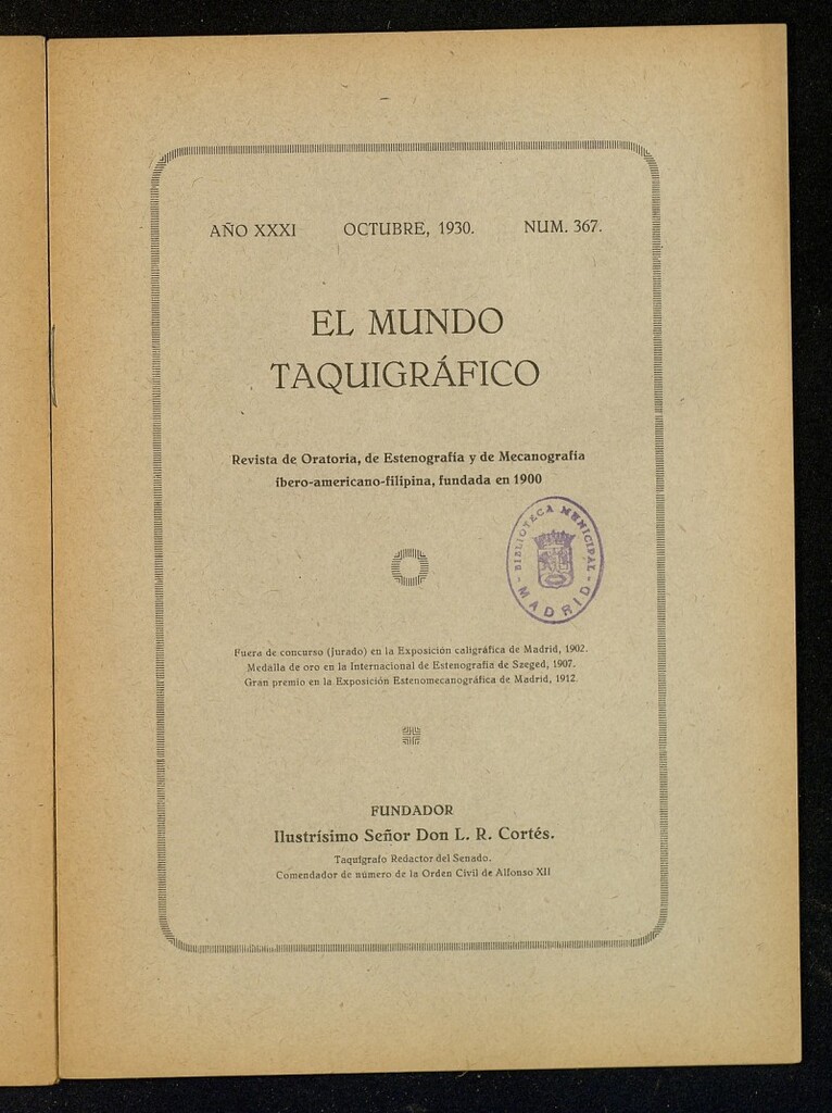 Miniatura de El Mundo Taquigráfico: revista mensual hispano-americana de oratoria y de estenografía. Octubre de 1930, nº 367