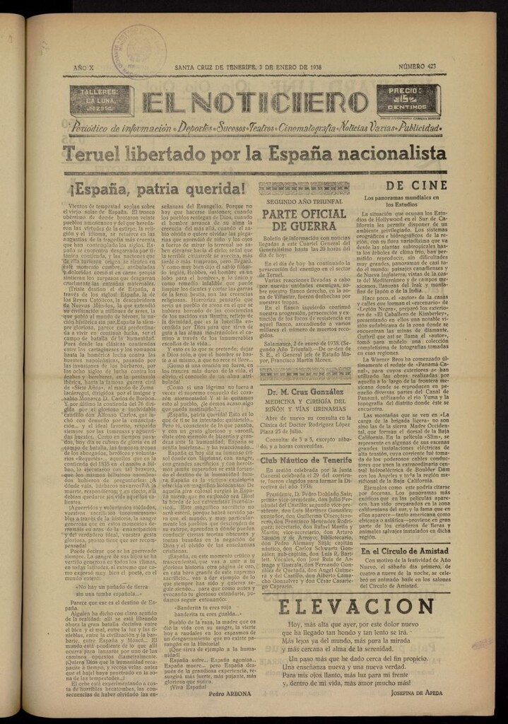 Miniatura de El Noticiero :periódico de información del 3 de enero de 1938, nº 423