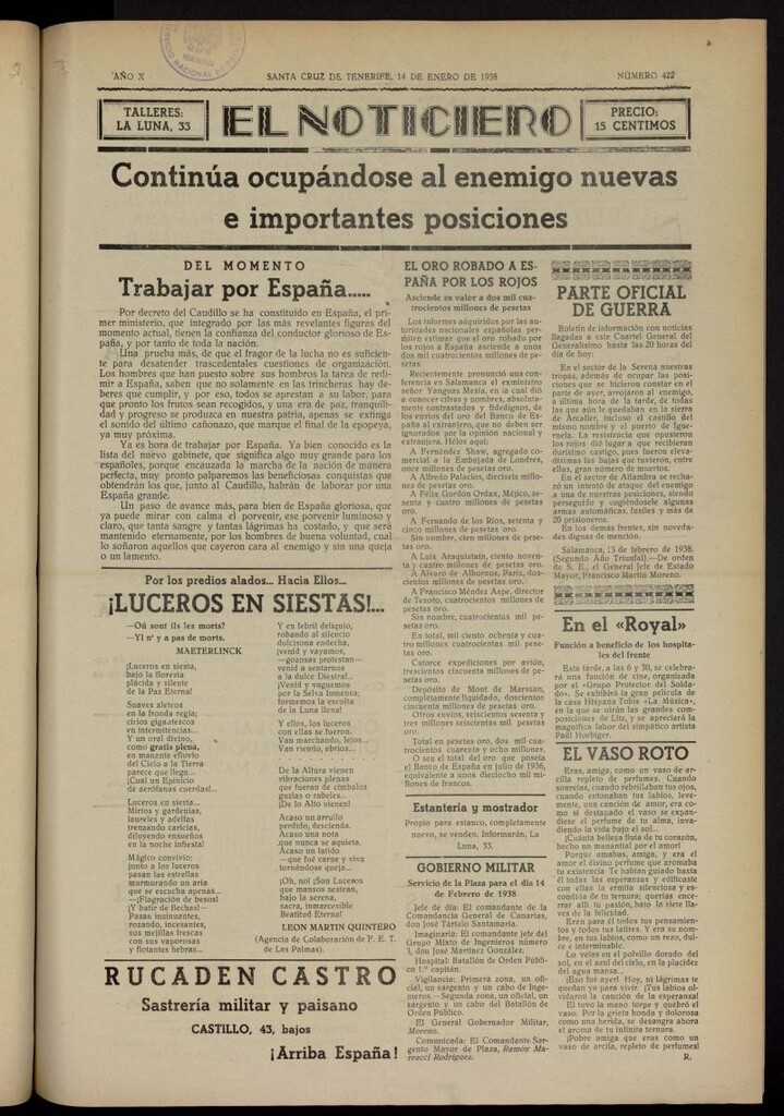 Miniatura de El Noticiero :periódico de información del 14 de enero de 1938, nº 422 [sic]