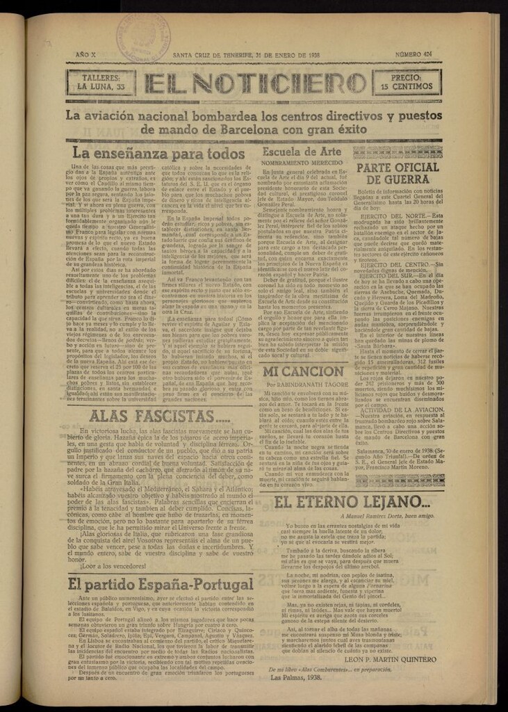 Miniatura de El Noticiero :periódico de información del 31 de enero de 1938, nº 424