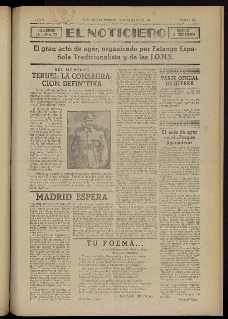 Miniatura de El Noticiero :periódico de información del 28 de febrero de 1938, nº 424