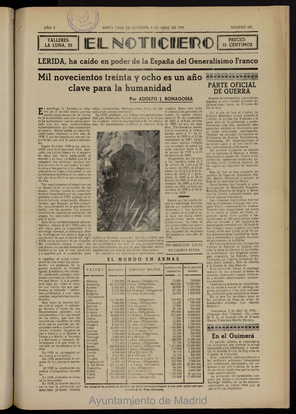 Miniatura de El Noticiero :periódico de información del 4 de abril de 1938, nº 428