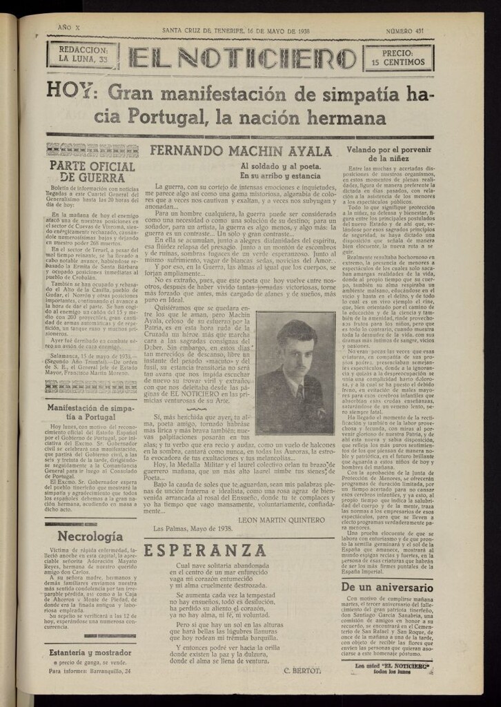 Miniatura de El Noticiero :periódico de información del 16 de mayo de 1938, nº 431