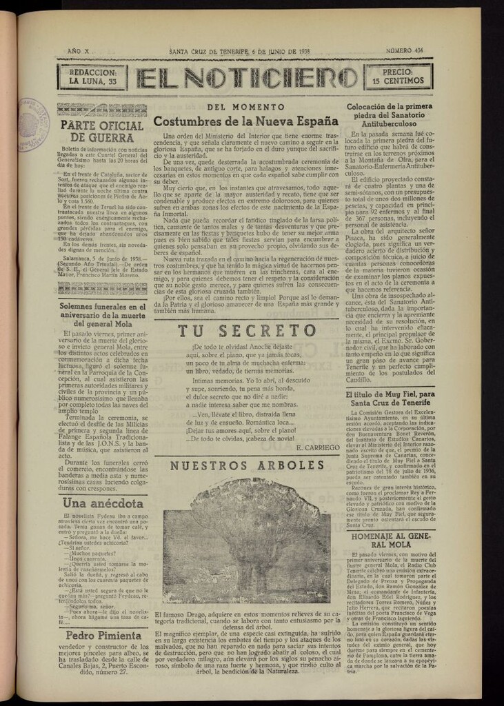 Miniatura de El Noticiero :periódico de información del 6 de junio de 1938, nº 434