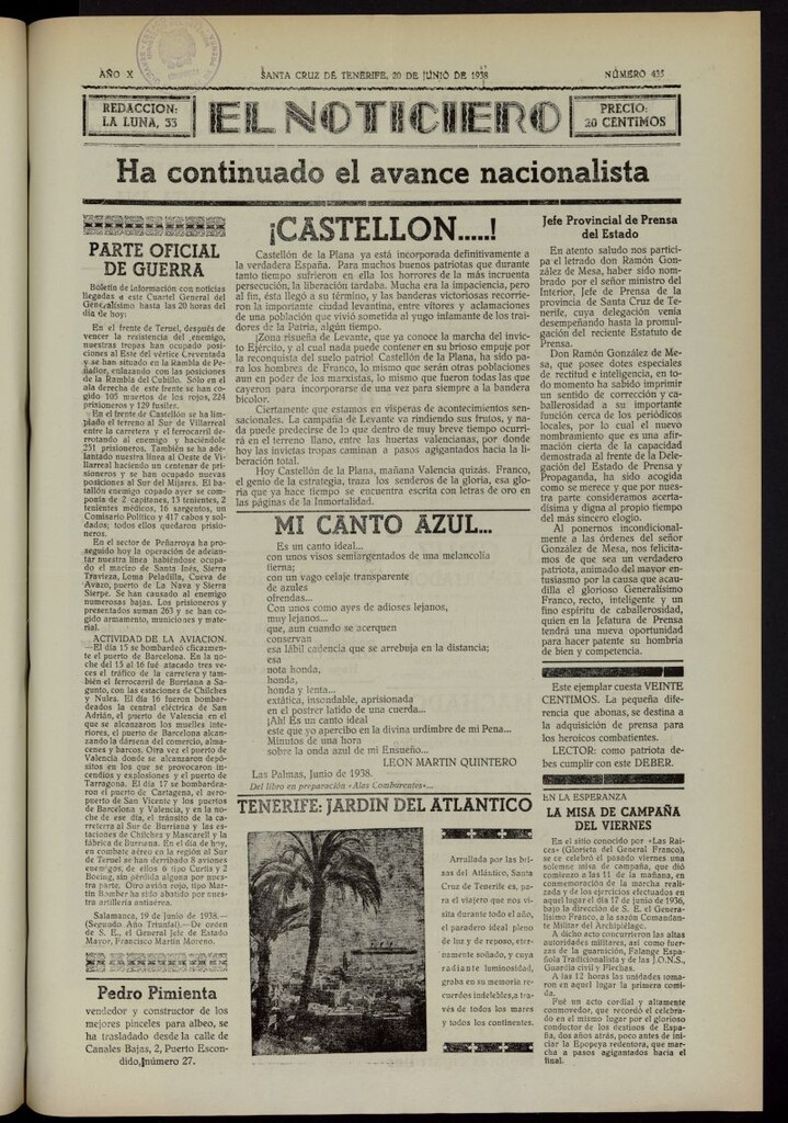 Miniatura de El Noticiero :periódico de información del 20 de junio de 1938, nº 435