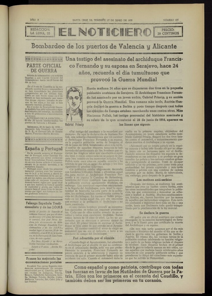 Miniatura de El Noticiero :periódico de información del 27 de junio de 1938, nº 436