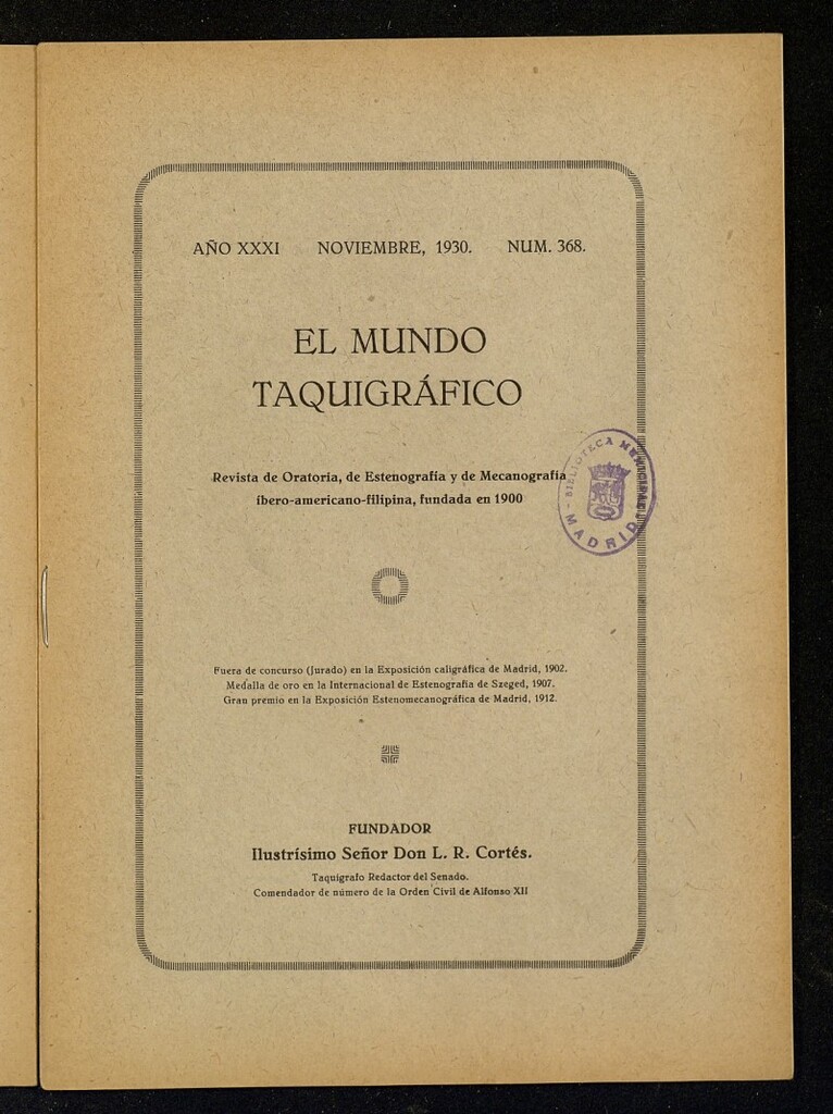 Miniatura de El Mundo Taquigráfico: revista mensual hispano-americana de oratoria y de estenografía. Noviembre de 1930, nº 368