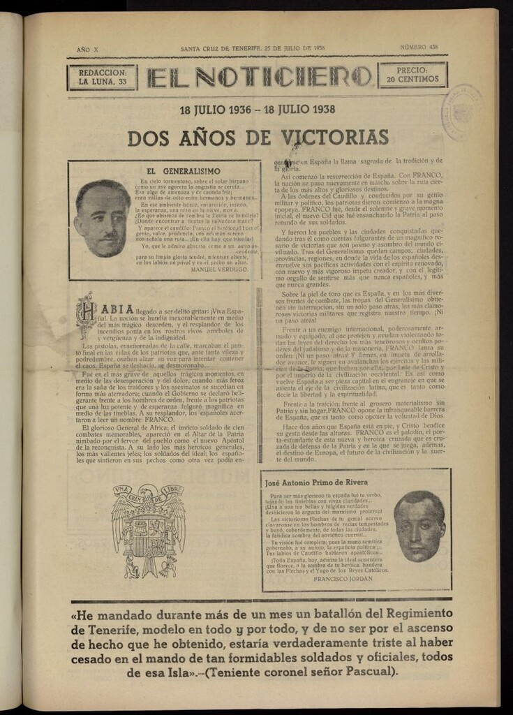 Miniatura de El Noticiero :periódico de información del 25 de julio de 1938, nº 438