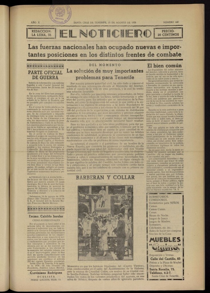 Miniatura de El Noticiero :periódico de información del 15 de agosto de 1938, nº 440