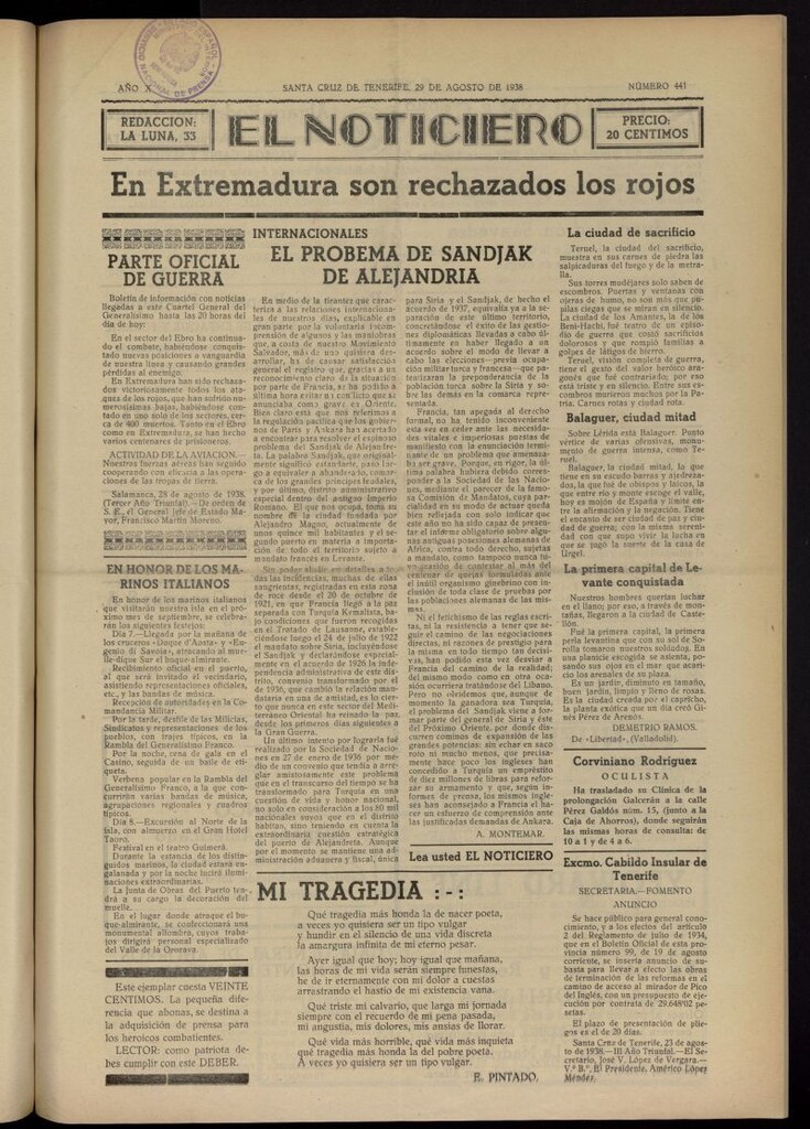 Miniatura de El Noticiero :periódico de información del 29 de agosto de 1938, nº 441