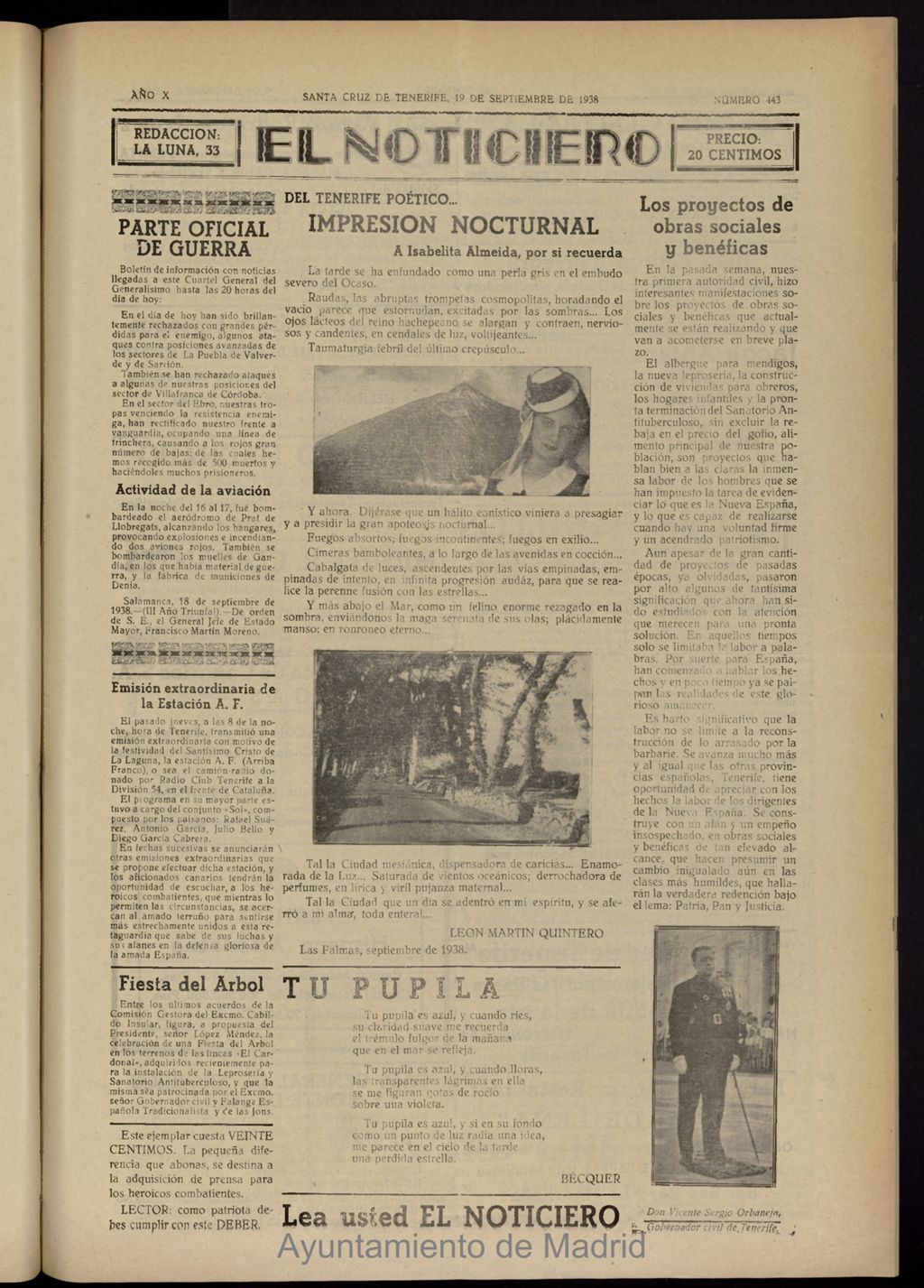 Miniatura de El Noticiero :periódico de información del 19 de septiembre de 1938, nº 443